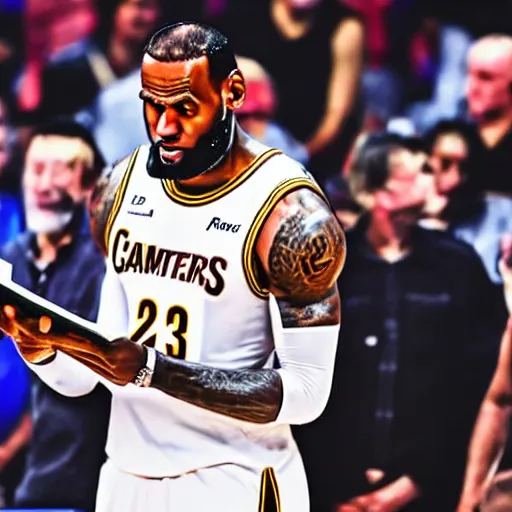 Image similar to professional close up shot photograph of lebron james reading a book while in an nba game, wearing nba jersey, standing, award - winning photograph, clear image, as seen on getty images, smooth