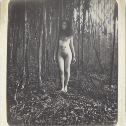 Image similar to an ancient evil-girl devouring the human souls on a mysterious Colombian jungle, mist, 1910 polaroid photography, grainy film, Black and white