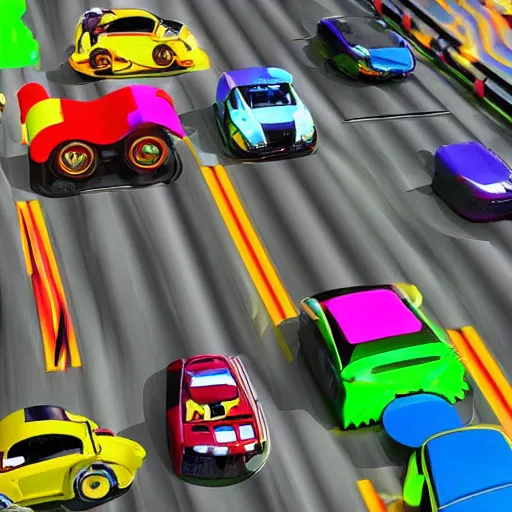 Image similar to high-speed future tech car battle, epic scene, candyland theme, fantasy, 4k