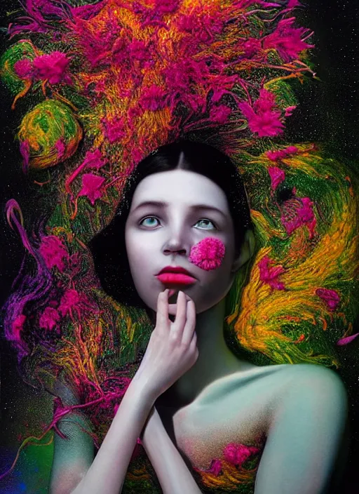 Image similar to hyper detailed 3d render like a Oil painting - black haired girl in mascara seen Eating of the Strangling network of colorful yellowcake and aerochrome and milky Fruit and Her delicate Hands hold of gossamer polyp blossoms bring iridescent fungal flowers whose spores black the foolish stars by Jacek Yerka, Mariusz Lewandowski, Houdini algorithmic generative render, Abstract brush strokes, Masterpiece, Edward Hopper and James Gilleard, Zdzislaw Beksinski, Mark Ryden, Wolfgang Lettl, Dan Hiller, hints of Yayoi Kasuma, octane render, 8k