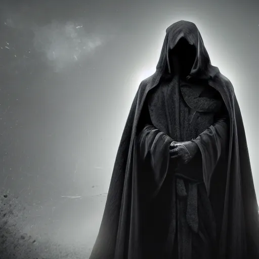 Image similar to a figure shrouded in a dark cloak holds out one hand with a large handgun, photorealistic, sharp details, 4 k, fantasy