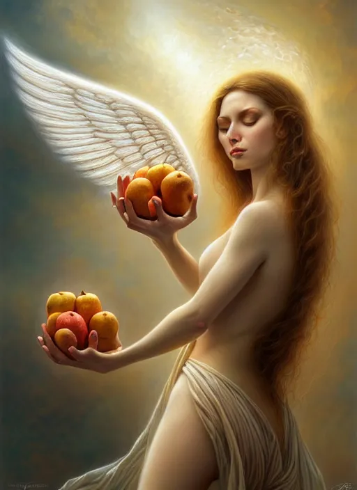 Image similar to woman as an angel holding fruits, fine art, intricate, elegant, highly detailed, realistic hair, centered, digital painting, art station, conceptual art, soft, sharp focus, illustration, artwork, artgerm, tomasz alen kopera, peter mohrbacher, donato giancola, wlop, boris vallejo