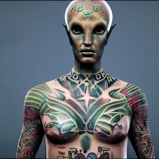 Prompt: a beautiful male alien god covered in tattoos, cinematic realistic, unreal engine 5