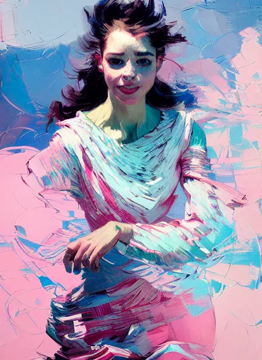 Image similar to portrait of a beautiful girl, smiling, ecstatic, dancing, eyes closed, open mouth, shades of pink and blue, beautiful face, rule of thirds, intricate outfit, spotlight, by greg rutkowski, by jeremy mann, by francoise nielly, by van gogh, digital painting