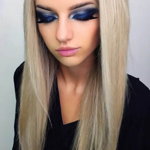 Image similar to longer blonde hair ironed, lop eared, black eye shadow