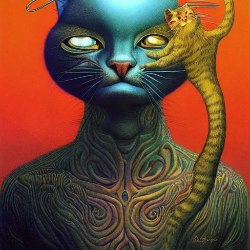 Image similar to a cat having an ego trip, by alex grey, by Esao Andrews and Karol Bak and Zdzislaw Beksinski and Zdzisław Beksiński, trending on ArtStation