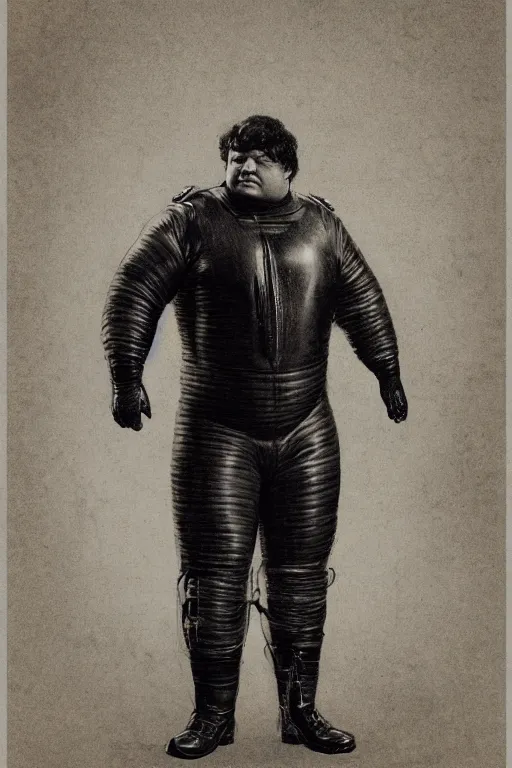 Image similar to daguerreotype of upper body portrait of baron harkonnen wearing leather spacesuit, detailed, illustration by normal rockwell, artstation character art, greg rutkowski