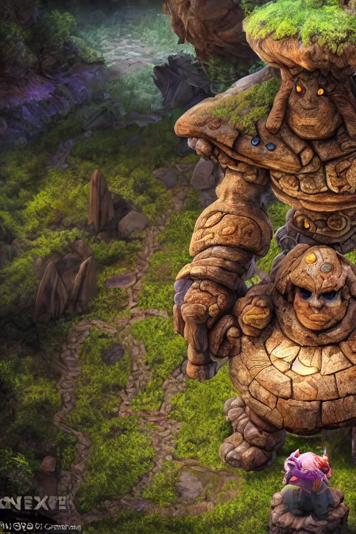 Image similar to zelda fantasy art giant golem troll wood rock greeble gemstone, global illumination ray tracing hdr fanart arstation by sung choi and eric pfeiffer and gabriel garza and casper konefal