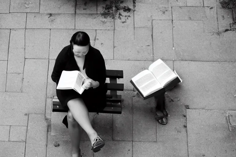 Prompt: A photograph of a woman reading a book while sitting on a bench in an empty courtyard, next to the other vacant bench, looking down from above, black and white photo.ISO200,F4.5,80mm,1/30,Nikon D3.