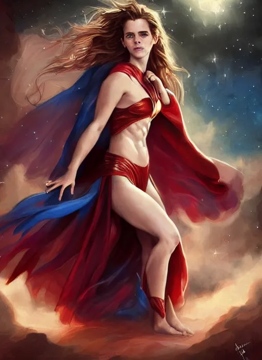 Image similar to emma watson as nature magic celestial, superwoman pose, long hair, soft red and blue transparent cloth, space, D&D, shiny background, intricate, elegant, highly detailed, digital painting, artstation, concept art, smooth, sharp focus, illustration, artgerm, bouguereau