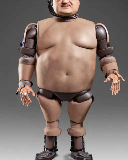 Prompt: Highly detailed robot remote controlled animatronic half scale doll toy in the likeness of John Belushi’s Bluto from Animal House, Studio Lighting