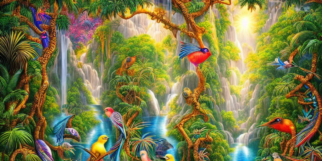 Image similar to visionary art, tropical eastern waterfall valley, with great birds, rich geometry, precise and incredibly highly detailed intricate 8 k wallpaper, john stephens, lisa frank, intricate stunning award winning masterpiece trending on artstation