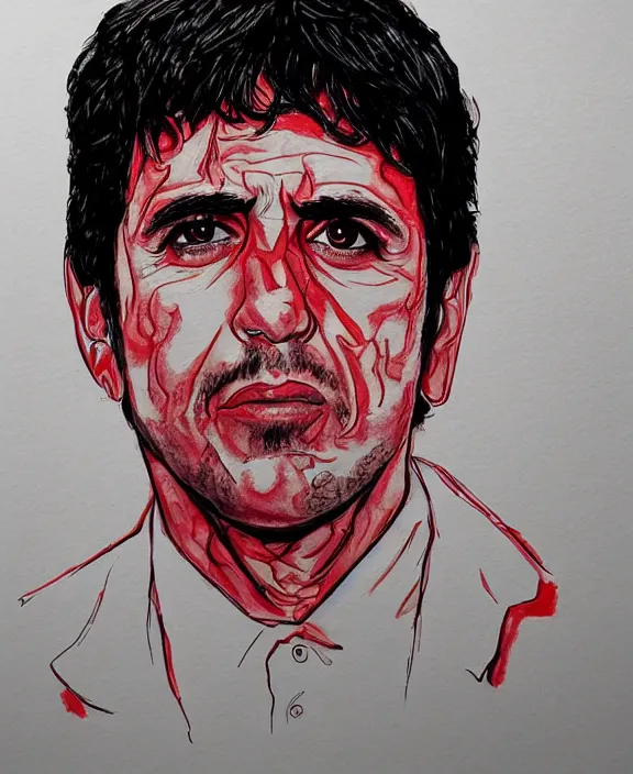 Image similar to headshot portrait. tony montana from movie scarface 1 9 8 3. al pacino, perfect symmetric face, coherent eyes, fine details., 4 k, red and black ink paint