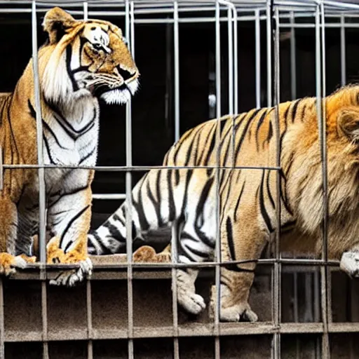 Image similar to lion and a tiger roaring in cage at the zoo wearing hats