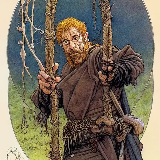 Image similar to a realistic and atmospheric portrait of humprey bogart as a druidic warrior wizard looking at the camera with an intelligent gaze by rebecca guay, michael kaluta, charles vess and jean moebius giraud