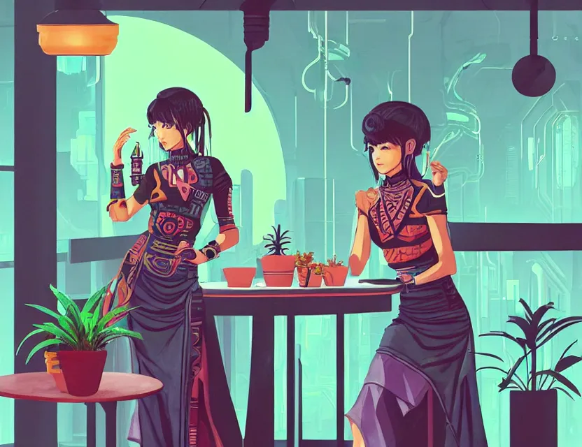 Image similar to aztec scifi barista in a well - lit cafe with potted plants, wearing a lovely dress with cyberpunk elements. this oil painting by the award - winning mangaka has an interesting color scheme and impeccable lighting.