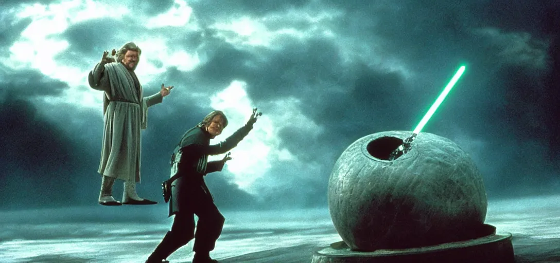 Image similar to “a Star Wars The Empire Strikes Back movie shot, Jeff Bridges from The Big Lebowski levitating a bowling ball above a swamp on Dagobah”