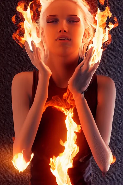 Prompt: gorgeous young blonde woman playing with flames coming out of her skin wearing a t-shirt, realistic, high definition, many details, dramatic scene, symmetrical face, realistic eyes, cyberpunk art 2077