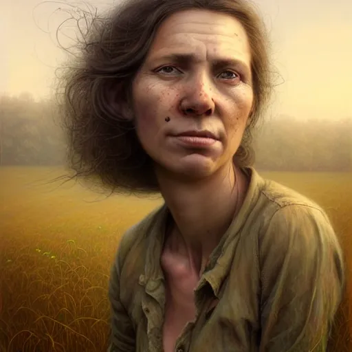 Prompt: full body portrait of a female farmer, untidy hair, highly detailed, dirty face, next to a red barn, digital painting, artstation, concept art, soft focus, depth of field, artgerm, tomasz alen kopera, peter mohrbacher, donato giancola, joseph christian leyendecker, wlop, boris vallejo