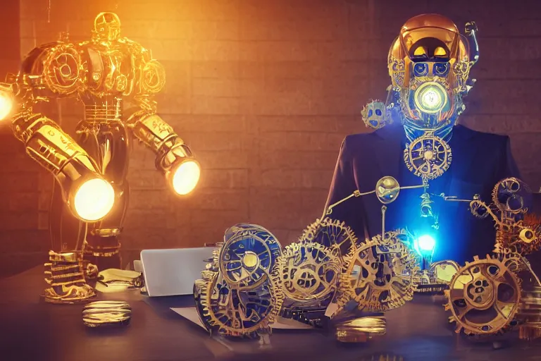 Prompt: portrait photo of a huge golden and blue metal humanoid steampunk robot businessman with gears and tubes, robot is sitting in an office, on the table is a pile dollar bundles, eyes are glowing red lightbulbs, shiny crisp finish, 3 d render, 8 k, insaneley detailed, fluorescent colors, background is multicolored lasershow