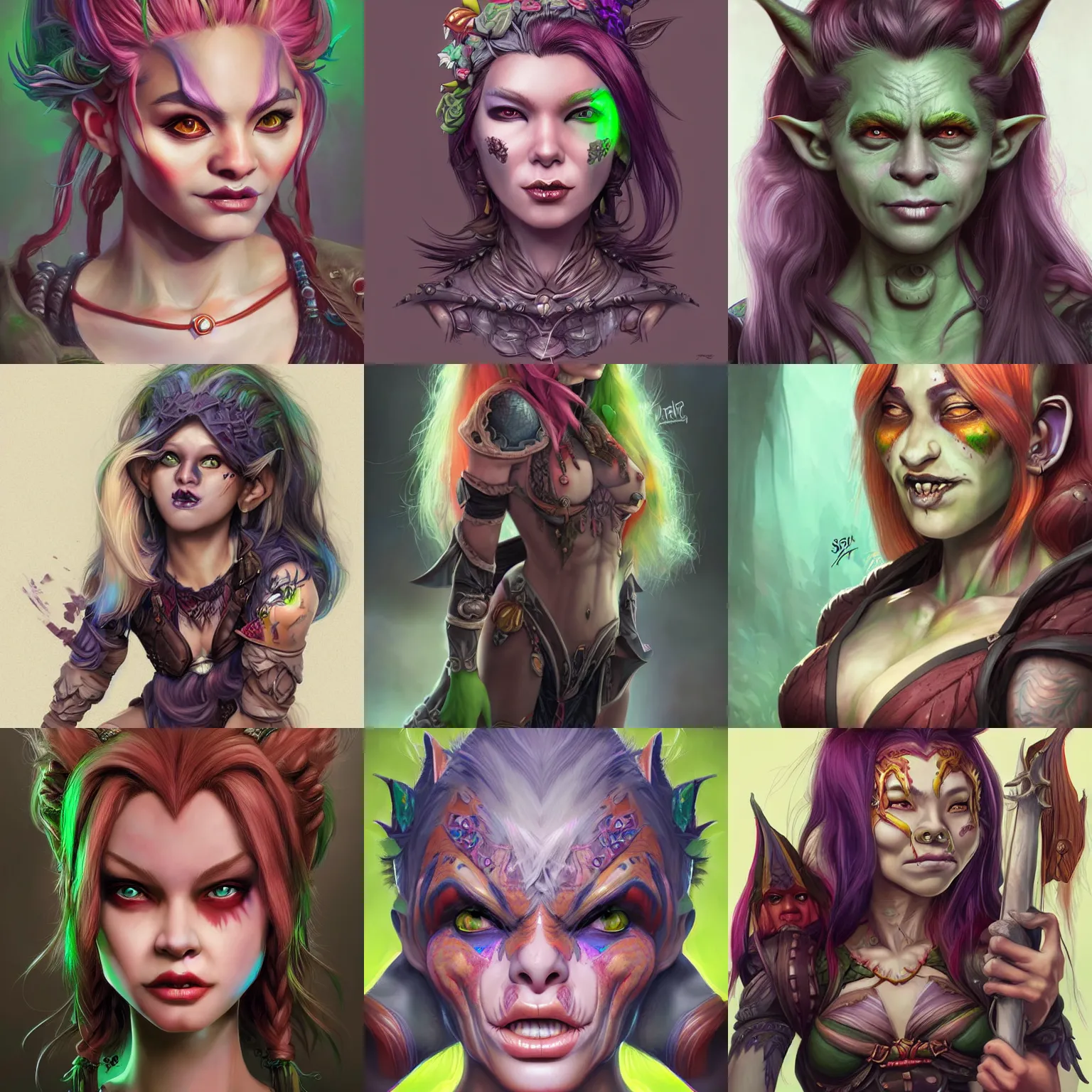 Prompt: beautiful goblin - orc girl with multicolored hair character portrait, concept art, intricate details, highly detailed photorealistic portrait in the style of adam hughes, seseon yoon, artgerm and warren louw