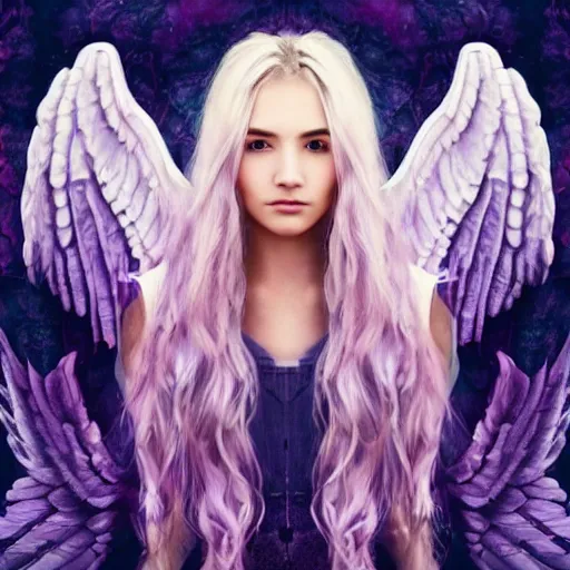 Image similar to a beautiful angel with wavy lilac hair, textured wings, symmetrical facial features, looking sad, ethereal, cyberpunk, realistic, detailed, futuristic,