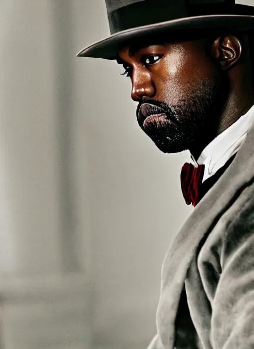 Image similar to portrait kanye west as willy wonka in django unchained, splash art, movie still, cinematic lighting, long lens, shallow depth of field, bokeh, anamorphic lens flare, 8 k, hyper detailed, 3 5 mm film grain