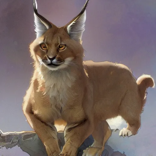 Image similar to concept art, a cute fluffy caracal, 8 k, alphonse mucha, james gurney, greg rutkowski, john howe, artstation