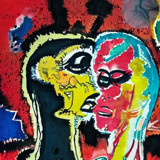 Prompt: watercolor painting of two bizarre psychedelic punk women kissing each other closeup in a vortex in japan, speculative evolution, mixed media collage by basquiat and jackson pollock, maximalist magazine collage art, sapphic art, lesbian art, chemically damaged