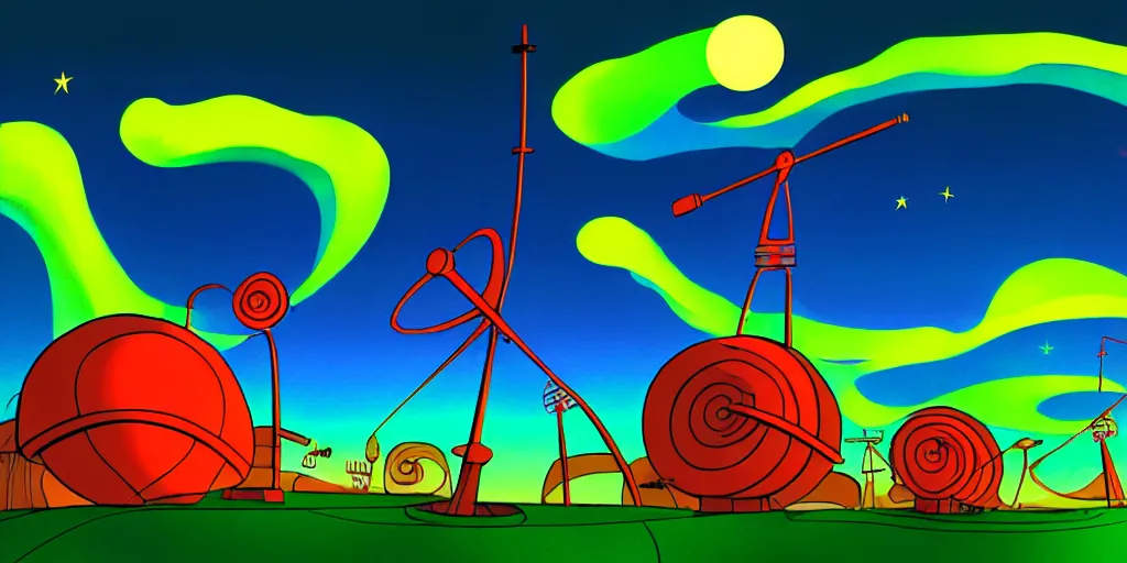 Image similar to night chubby cartoon concept art, red tv transmission antenna, from lorax movie, black blue green, spiral clouds, sam and max