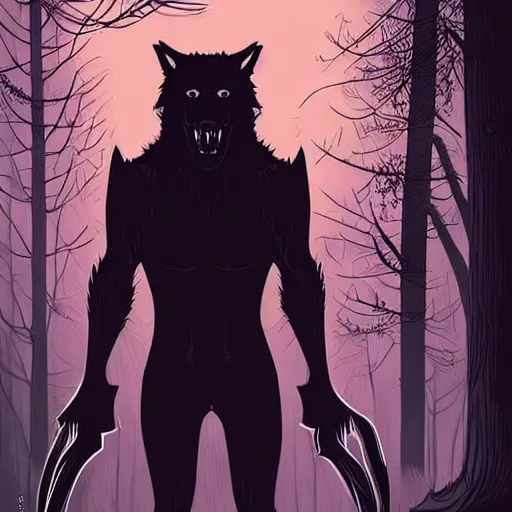 Prompt: Style Tim Jacobus and Rafael Albuquerque:: werewolf with big claws symmetrical face, long snout, big sharp teeth, yellow eyes, fully detailed face:: attacking a man in the woods:: night time, full mood, fog, realistic, scary, horror, full body