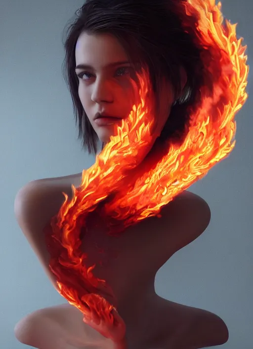 Image similar to sculpture made of flame, portrait, female, future, torch, fire, harper's bazaar, vogue, fashion magazine, intricate, concept art, close up, ornate, luxury, elite, elegant, trending on artstation, by ruan jia, by Kenneth Willardt, by ross tran, by WLOP, by Andrei Riabovitchev,