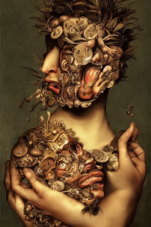 Image similar to Detailed maximalist portrait with large lips and with large wide eyes, surprised expression, surreal extra flesh , HD mixed media, 3D collage, highly detailed and intricate, illustration in the golden ratio, in the style of Caravaggio, dark art, baroque