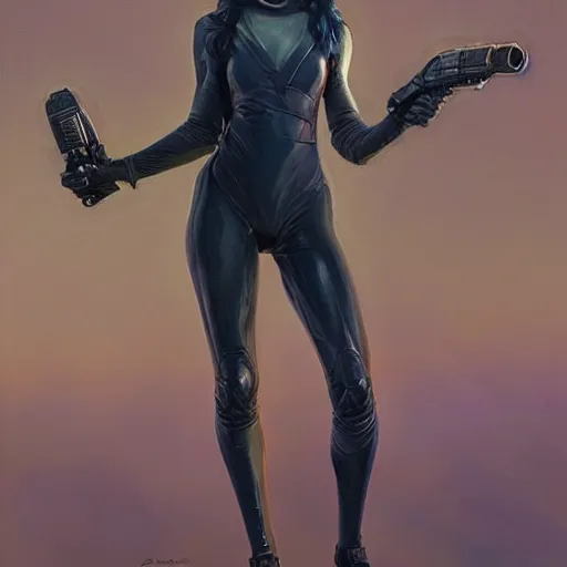 Image similar to pleiadian woman with big eyes and long silver hair wearing a dark body suit and holding a plasma gun as a realistic sci fi character, portrait art by donato giancola and greg rutkowski, digital art, trending on artstation, standing in a barren field