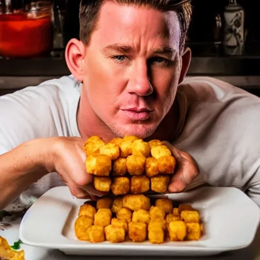 Image similar to food photo of channing tatum's face on top of giant tater tot on a plate with ketchup