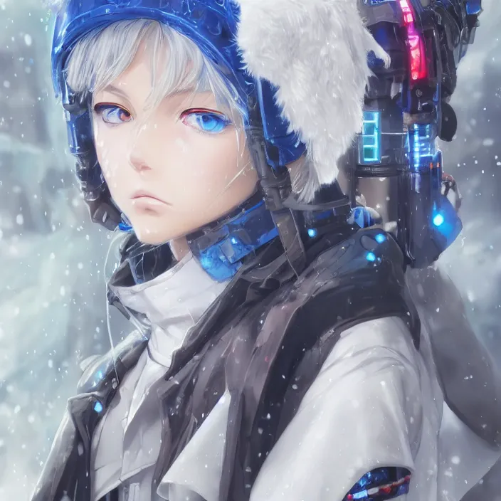 Prompt: an anime portrait of a cyberpunk snowy girl with blue eyes, by Stanley Artgerm Lau, WLOP, Rossdraws, James Jean, Andrei Riabovitchev, Marc Simonetti, and Sakimichan, tranding on artstation