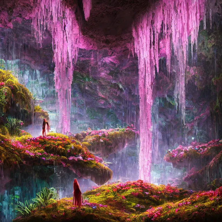 Prompt: oil painting, rich deep colors masterpiece, waterfall, night lights, gray, pink, ultra detailed, beautiful fantasy cave scene, waitomo glowworm caves, contrast, neon drops, neon stones, alone redheaded flower girl and dress made of fresh flowers, volumetric light, atmospheric lighting, dramatic, cinematic, moody, octane render 4 k, 8 k