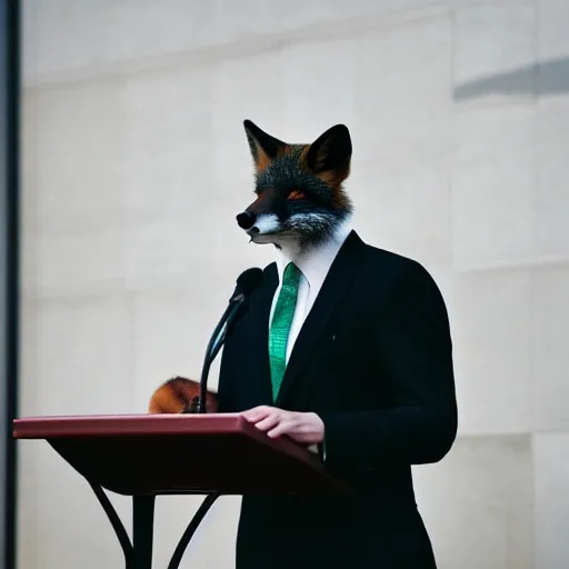 Image similar to a fox animal dressed in a suit giving a presidential speech, 8 5 mm f / 1. 4