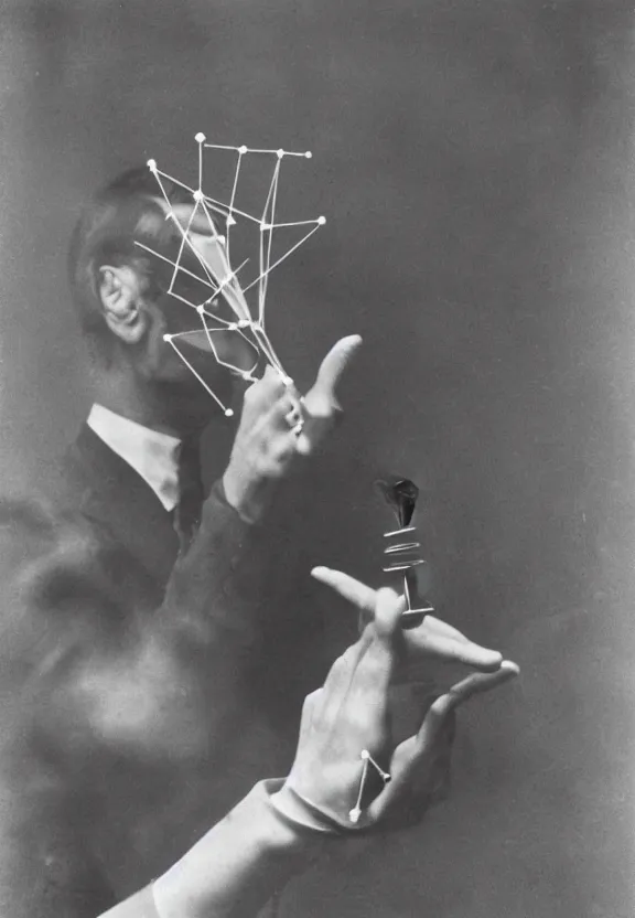 Image similar to a man holding up a single chess - piece, a surrealist painting by marcel duchamp, complex artificial - intelligence machinery, flickr contest winner, studio portrait, 1 9 2 0 s