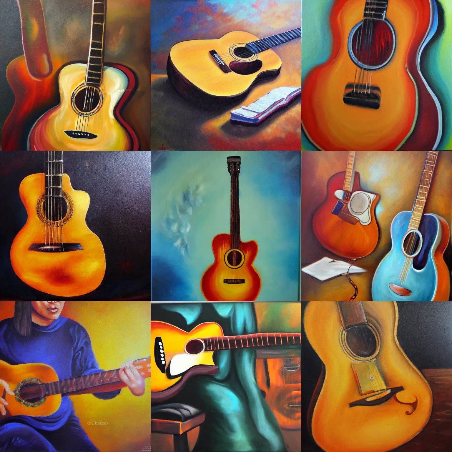 Prompt: oil panting on canvas, guitar, romantic, warm, musical notes