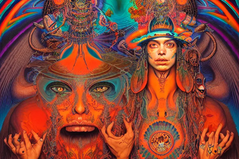 Prompt: psychedelic shaman, orange and teal, wearing shipibo tattoos, inside an epic, ancient temple, ayami kojima, greg hildebrandt, mark ryden, hauntingly surreal, eerie vibrating color palette of charlie immer, highly detailed painting by, jenny saville, soft light 4 k