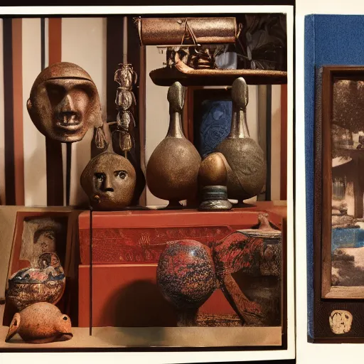 Image similar to A three color offset photography of objects on display, anthropology of wonder, exotic artifacts, colonial expedition, catalog exhibition, 60s style