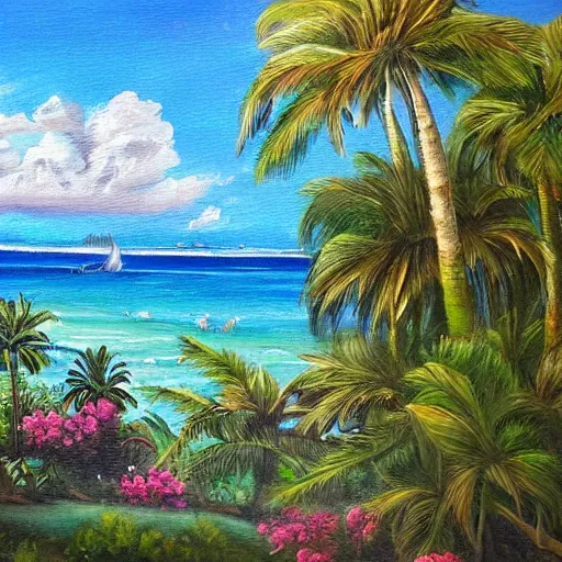 Prompt: a dreamy painting of a tropical island