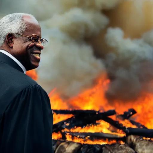 Prompt: Clarence Thomas watching a fire burn as he smiles, photo, cinematic, 8k