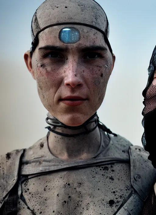 Image similar to cinestill 5 0 d candid photographic portrait by steve mccurry of two loving female androids wearing rugged black mesh techwear on a desolate plain, extreme closeup, modern cyberpunk, dust storm, 8 k, hd, high resolution, 3 5 mm, f / 3 2, ultra realistic faces, ex machina