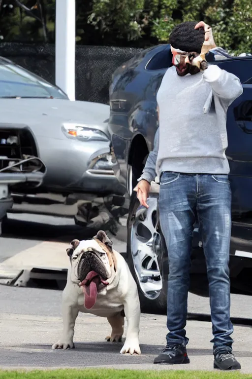 Image similar to drake laughing at an english bulldog peeing on his car