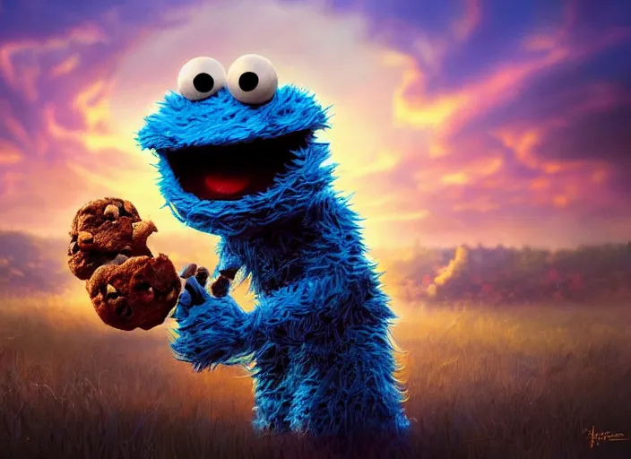 Image similar to cookie monster eating magic mushroom, golden hour, fantasy, sharp focus, digital art, hyper realistic, 4 k, unreal engine, highly detailed, hd, dramatic lighting by brom, trending on artstation