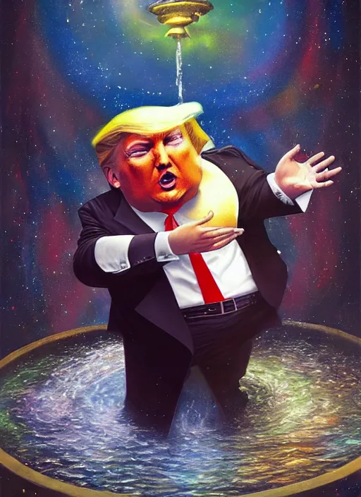 Prompt: very fat donald trump dancing in a fountain, cosmic horror painting, elegant intricate digital painting artstation concept art by mark brooks and brad kunkle detailed