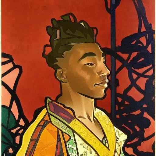 Prompt: a full body profile oil painting of an African samurai with reddish golden hair, by Alphonse Mucha and Jacob Lawrence and with face and body clearly visible, forgotten realms, high quality, sombre mood, muted colours, no crop, entire character.