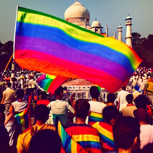 Image similar to photo of crowd of men with rainbow flags dancing at ( ( ( ( taj mahal ) ) ) ), cinematic color grading, soft light, faded colors, well framed, sharp focus, 8 k